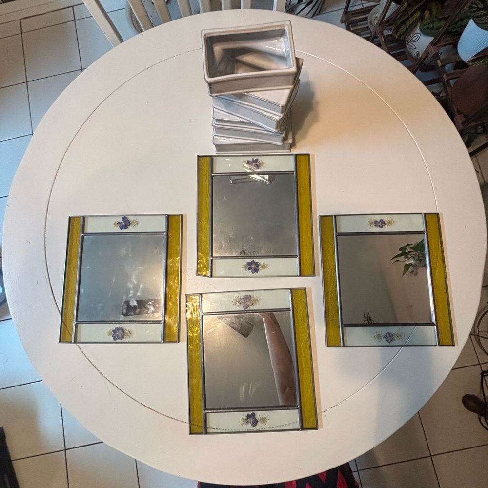 Elegant vintage Yellow and pressed flower Wall Mirror Set. Rare find!